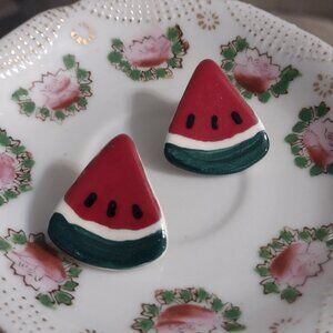 🍉 Watermelon Slice Novelty Cute Kawaii Handmade Clay Studs Earrings